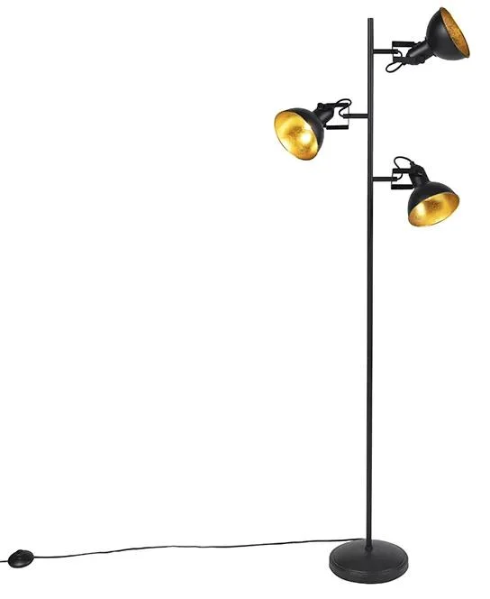 Průmyslová stojací lampa s černým a zlatým designem