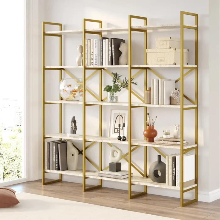 Regál HELRIS 170 x 175 x 30 cm – bílý mramor se zlatými prvky