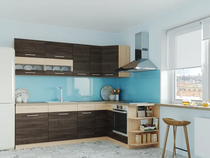 Rohová kuchyně RUTHIN 250×170 cm – Rijeka světlá, dvířka tmavá