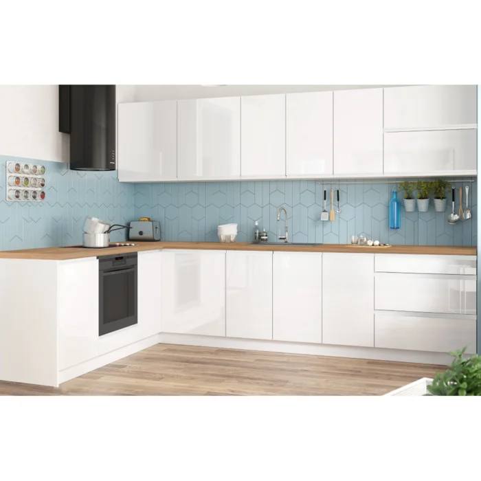 Rohová kuchyňská linka 322×202 cm, bílý vysoký lesk HG + bílá FLOT