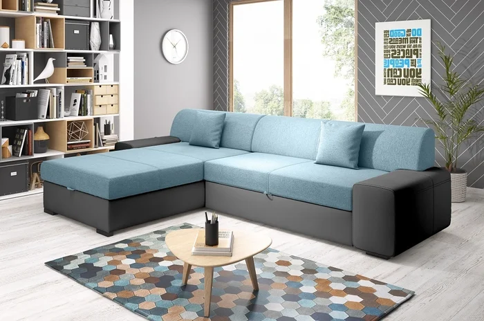 Rohová rozkládací sedačka Antiochie, levá – světle modrá/černá