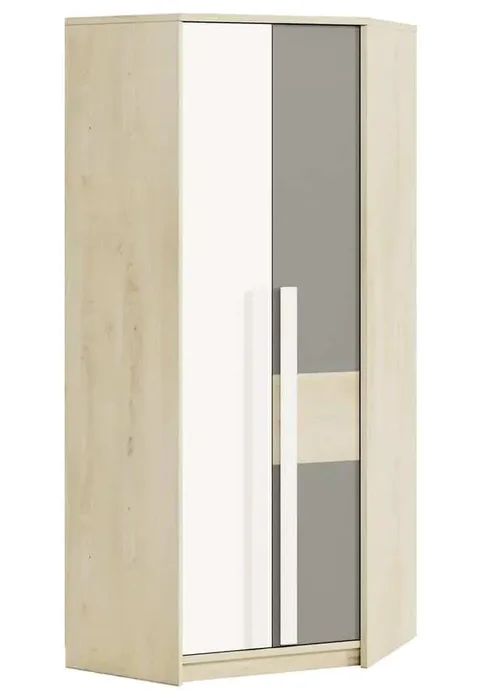 Rohová šatní skříň REPENS – buk fjord, bílá a šedá