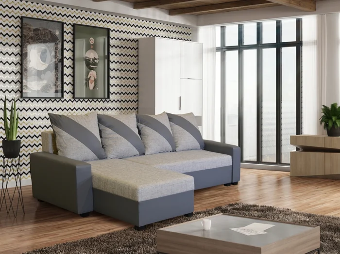 Rohová sedačka ASTANA – světle šedá látka / tmavě šedá ekokůže