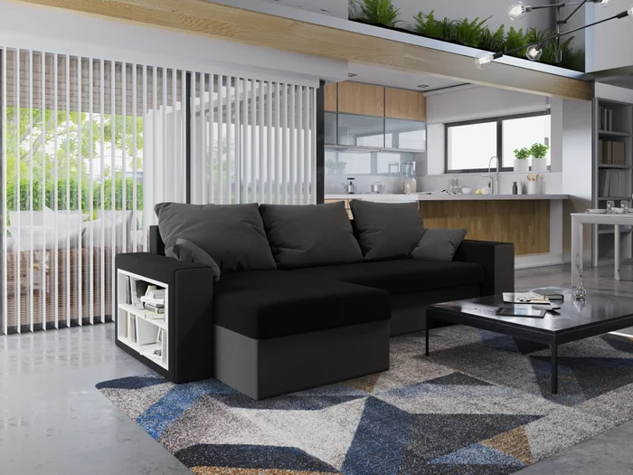 Rohová sedačka HALSTED s knihovnou (černá/šedá)