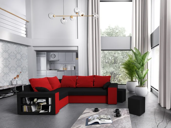 Rohová sedačka VEJR s knihovnou a taburety – levá, černá/červená