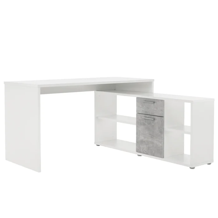 Rohový PC stůl NOE NEW – bílá / beton, 135 × 135 cm
