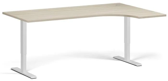 Rohový výškově nastavitelny stůl 180x120 cm, 2 motory, bílá s dubovou deskou