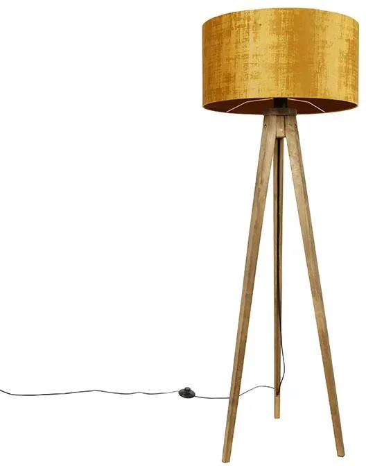 Rustikální stojací lampa s žlutým stínítkem a trojnožkou