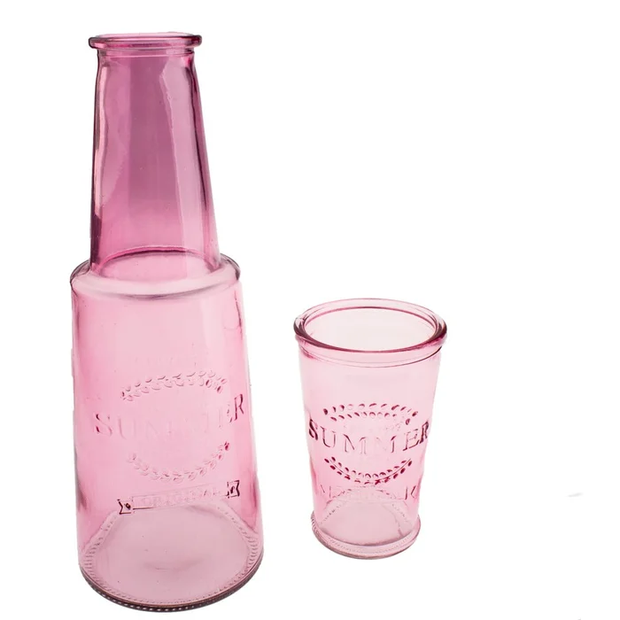 Růžová skleněná karafa se sklenicí 800 ml