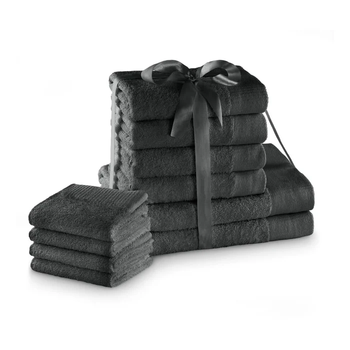 Sada 10 tmavě šedých froté bavlněných ručníků a osuškami Amari