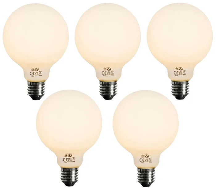 Sada 5 stmívatelných LED žárovek E27 G95 5W opálové sklo
