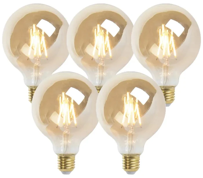 Sada 5 stmívatelných LED žárovek E27 G95 zlatá 5W