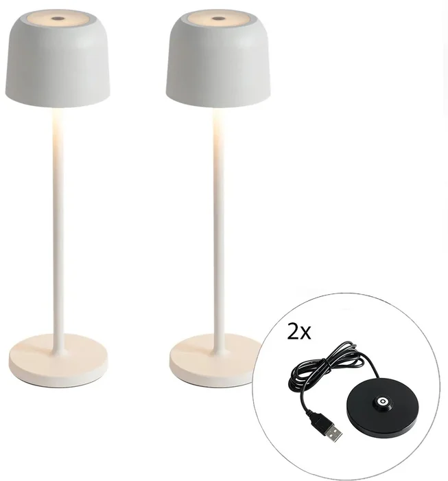 Sada dvou stolních lamp Raika v mléčně bílém provedení s bezdrátovým nabíjením