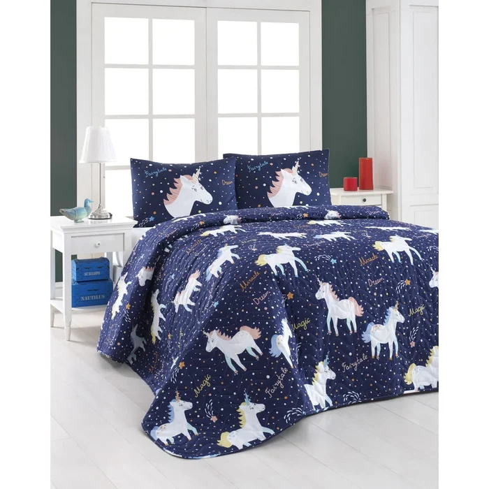 Sada prošívaného přehozu a povlaků Unicorn Dark Blue 200x220 cm