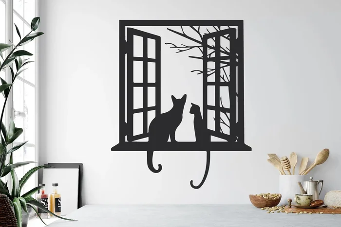Samolepka na zeď Kočky - Okno 40x48 cm Černá