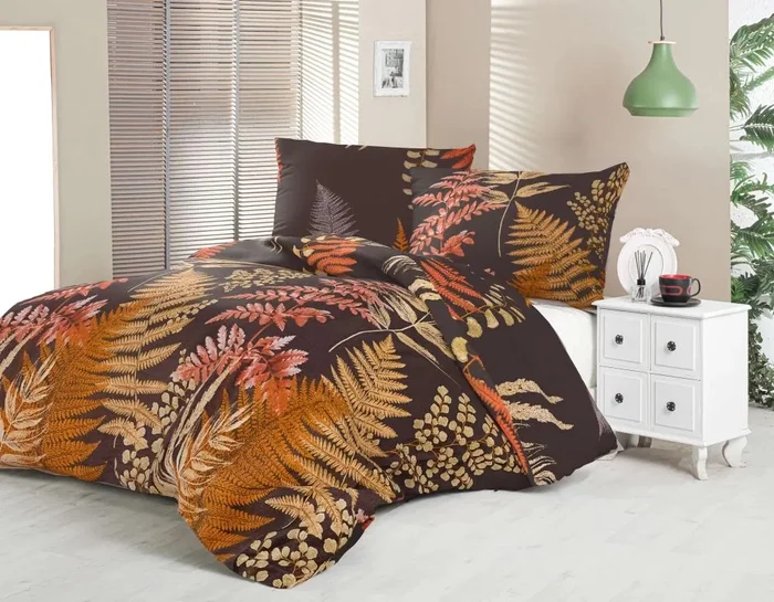 Saténové povlečení Luxura Collection Kapradí hnědé 200x200/70x90cm