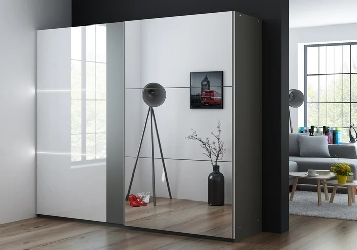 Šatní skříň DENENA 250 grafit/bílý lesk