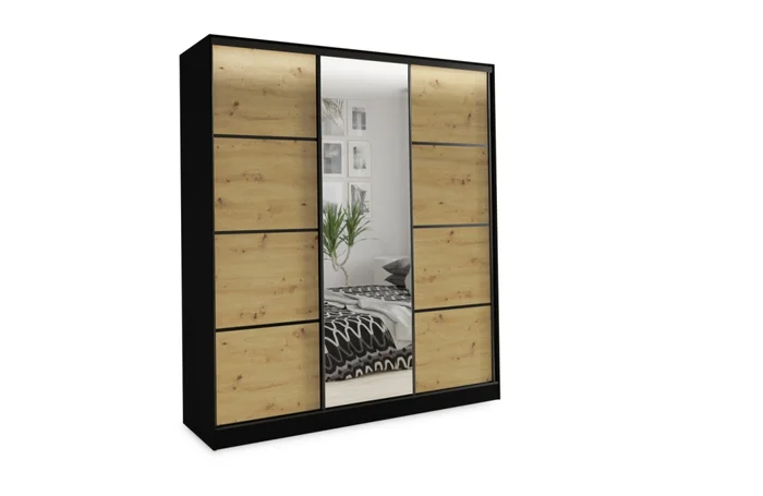 Šatní skříň HARAZIA 150 se zrcadlem, černý mat/dub artisan
