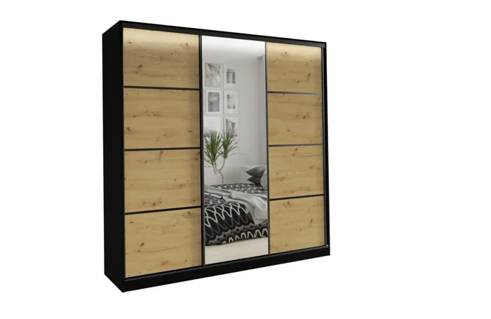 Šatní skříň HARAZIA 200 se zrcadlem, černý mat/dub artisan