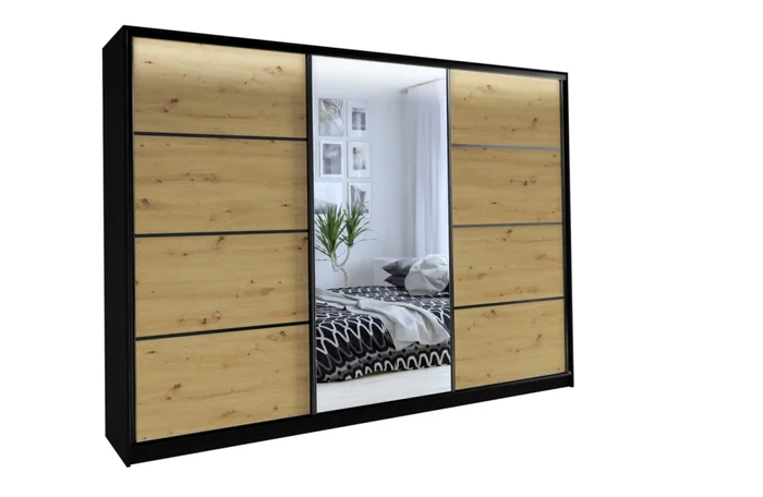 Šatní skříň HARAZIA 280 se zrcadlem, černý mat/dub artisan