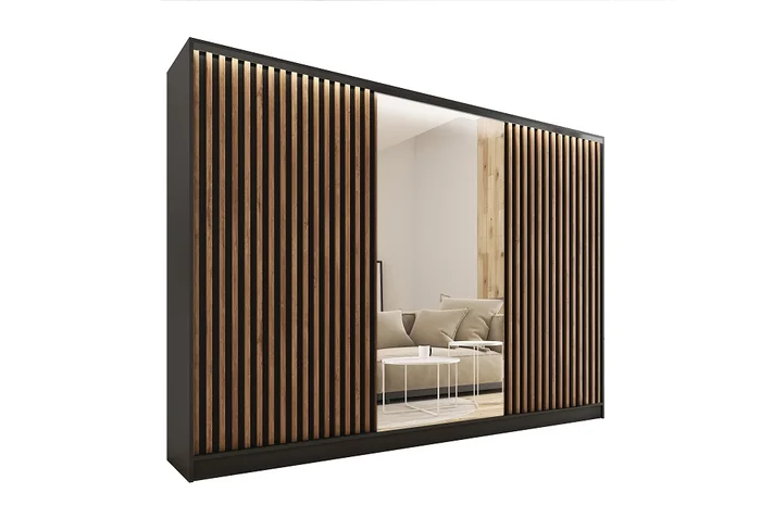Šatní skříň INSULAR 3D 280 se zrcadlem černý mat/dub lefkas
