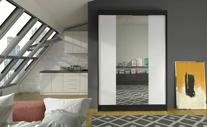 Šatní skříň LAUCO II se zrcadlem – černá/bílá