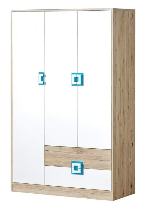Šatní skříň NIKO 3-dveřová dub jasný/bílá/tyrkys