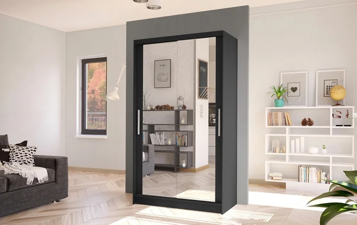 Šatní skříň SILVERIO VII s posuvnými dveřmi, černý mat