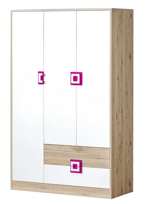 Šatní skříň UWARA 3-dveřová dub jasný, bílá a růžová