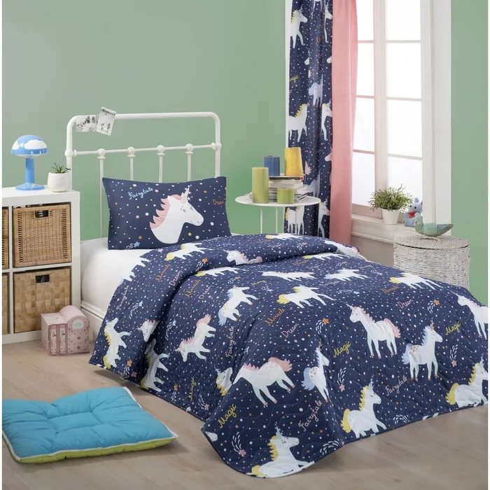 Set přehozu a povlaku na polštář Unicorn Dark Blue 160x220 cm