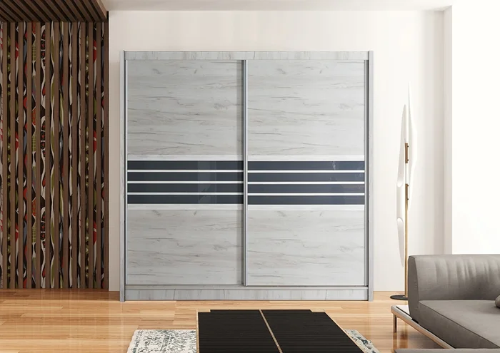 Skříň SHOKIN 203 cm – dub craft/grafitové sklo