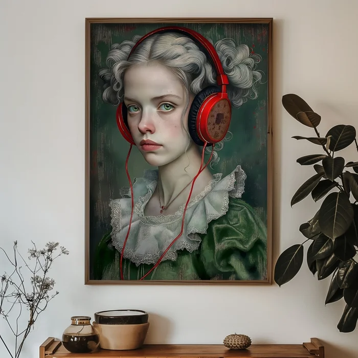 Slečna se sluchátky – dekorativní obraz 35 × 47 cm