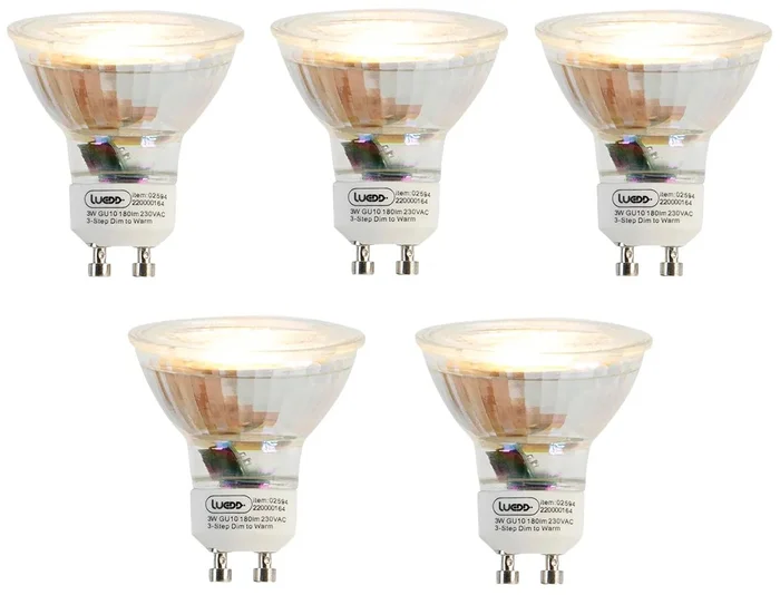Stmívatelné LED žárovky GU10 5ks 3W 180lm 2000-2700K