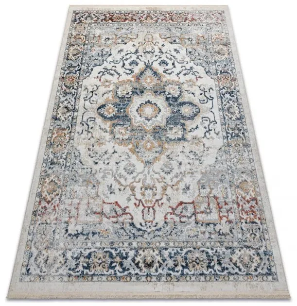 Stylový koberec DISTIN s tmavě modrým, modrým a žlutým vintage orientálním vzorem s třásněmi