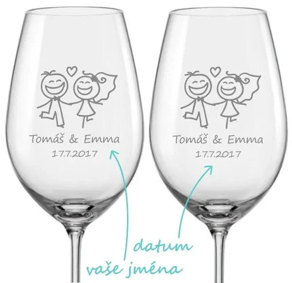 Svatební sklenice na víno s pískovaným jménem a datem, 2 kusy