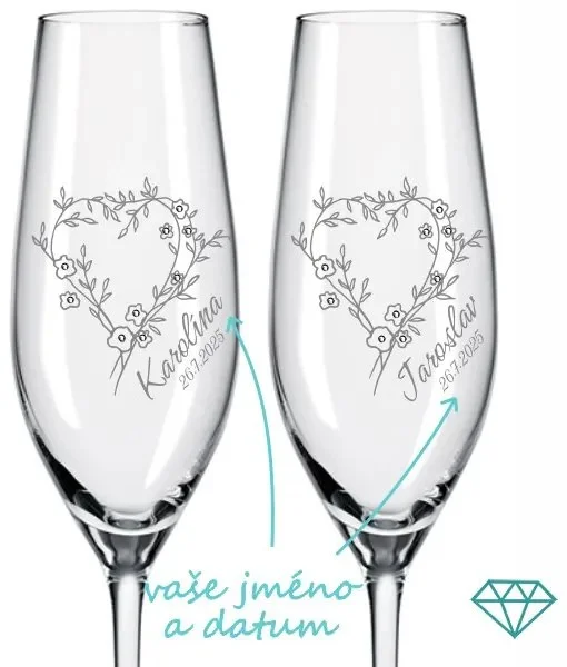 Svatební skleničky na sekt Rozkvetlá srdce s krystaly Preciosa – 2 ks