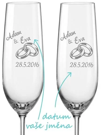 Svatební skleničky na sekt s gravíží – Prstýnky, sada 2 kusů