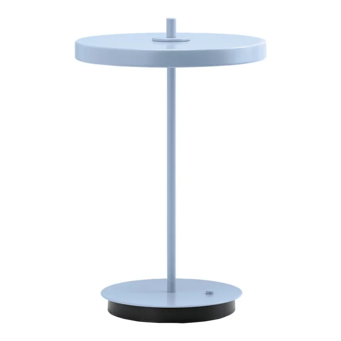 Světle modrá LED stolní lampa s kovovým stínidlem