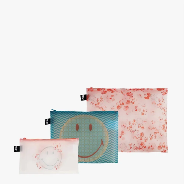 Taštičky na zip LOQI Smileys 3 ks – Transparent Milky Blossom