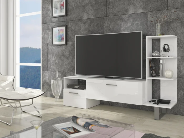 Televizní stolek DANICK – bílý lesk, 160×100×35 cm, záruka 5 let
