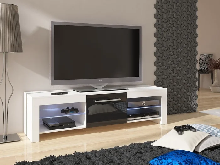 TV stolek GULISTON – bílý/černý lesk, 160 cm