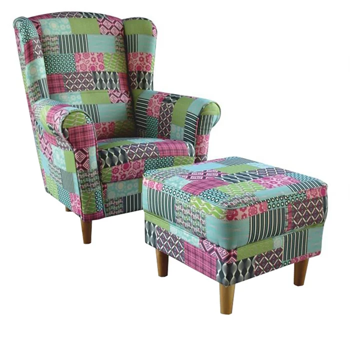 Ušákové křeslo s taburetem v patchwork látce