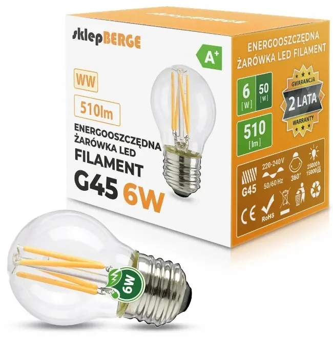 Úsporná LED G45 žárovka s teplým bílým světlem - E27, 6W, 510 lm