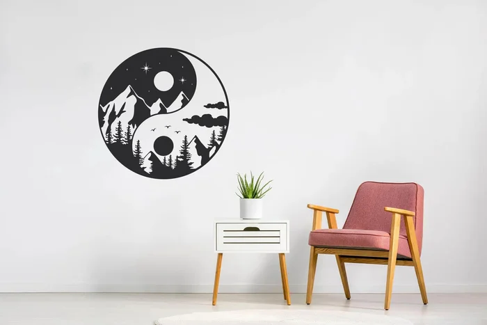 Yin a Yang – Den a Noc Samolepka na Zeď 50x50 cm Černá