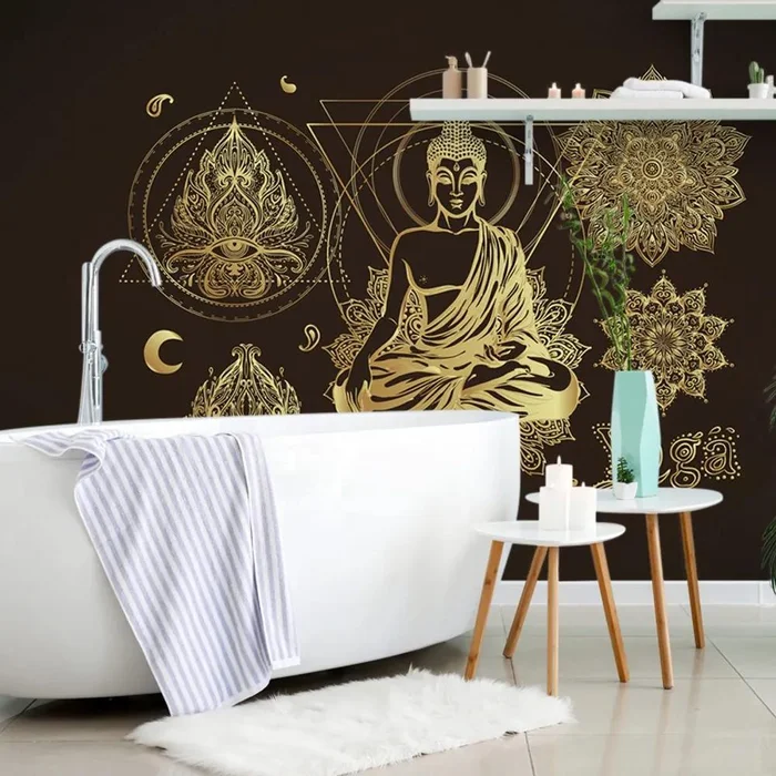 Zlatý meditující Budha – elegantní tapeta do interiéru